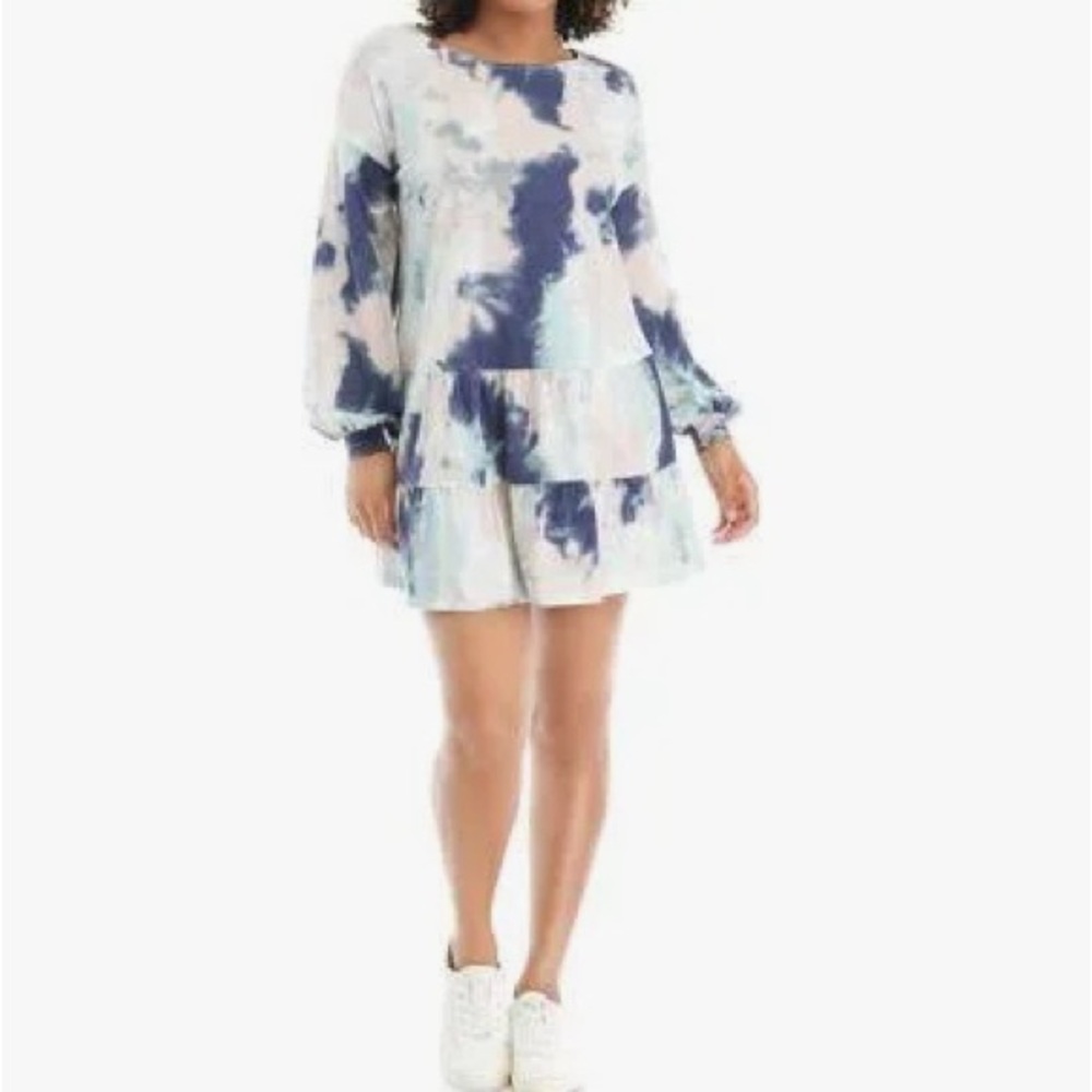 True Craft Tiered Jersey Tie Dye Dress Size M Long Balloon Sleeves Boho Festival